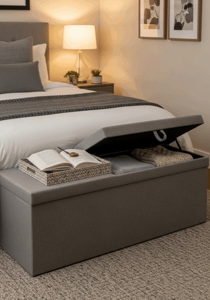 Multi Functional Storage Ottoman in a Guest Bedroom