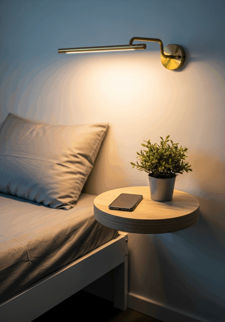 Wall Mounted Nightstand and Sconce in a Small Guest Room