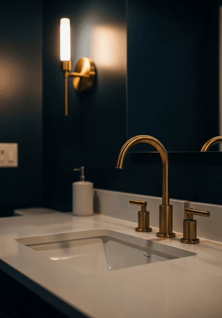 Balancing Dark Bathroom Walls with White and Brass Fixtures