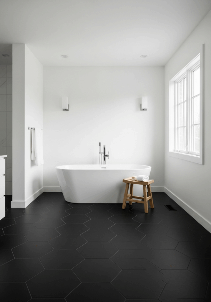 Bathroom with Dark Hexagon Floor Tiles and White Walls