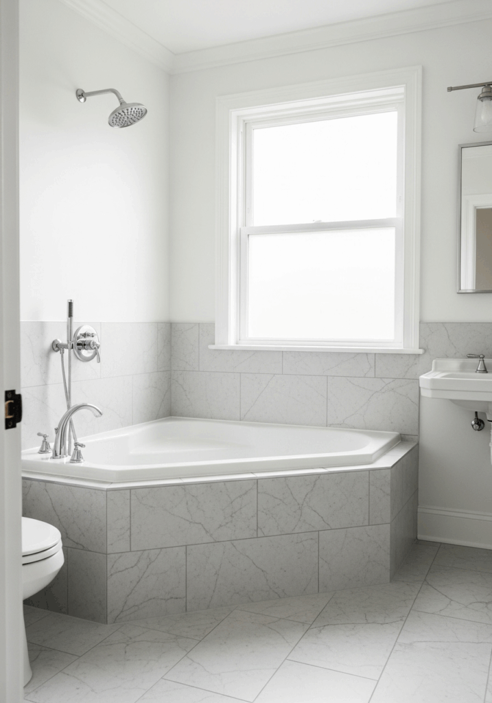 Classic Alcove Corner Tub in a Small Bathroom