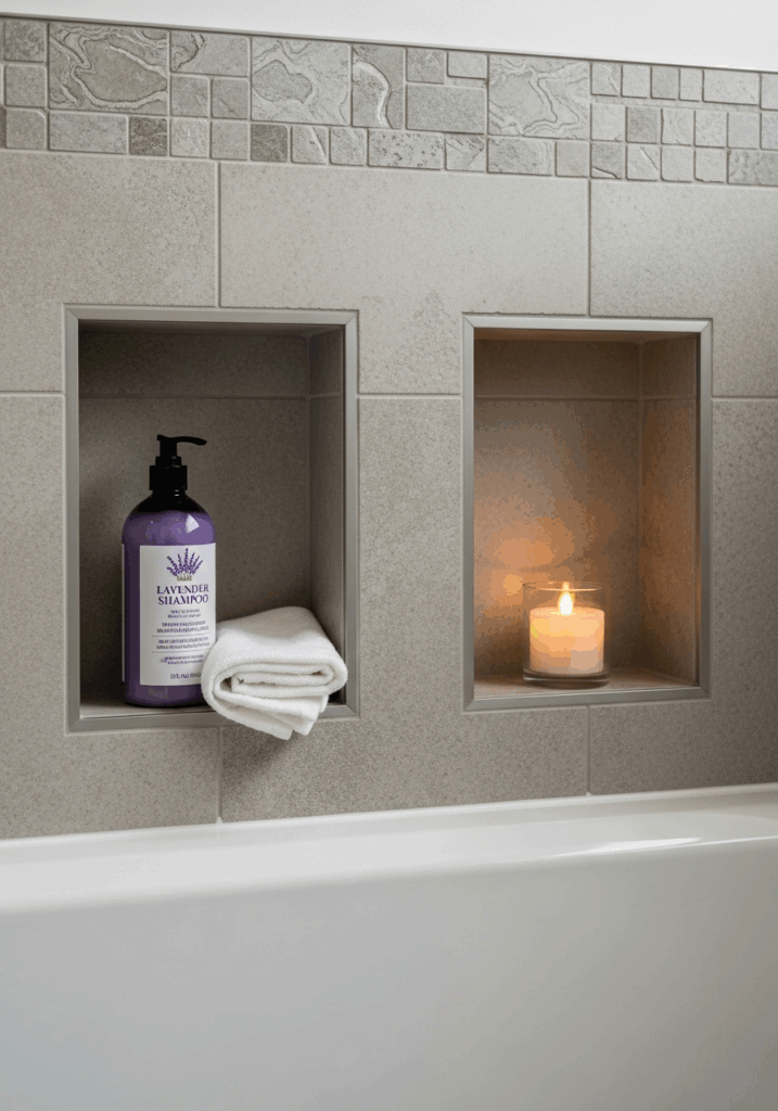 Corner Tub with Integrated Tile Shelving Niches