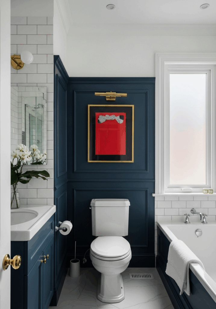 Two Tone Small Bathroom with Dark Blue Half Wall