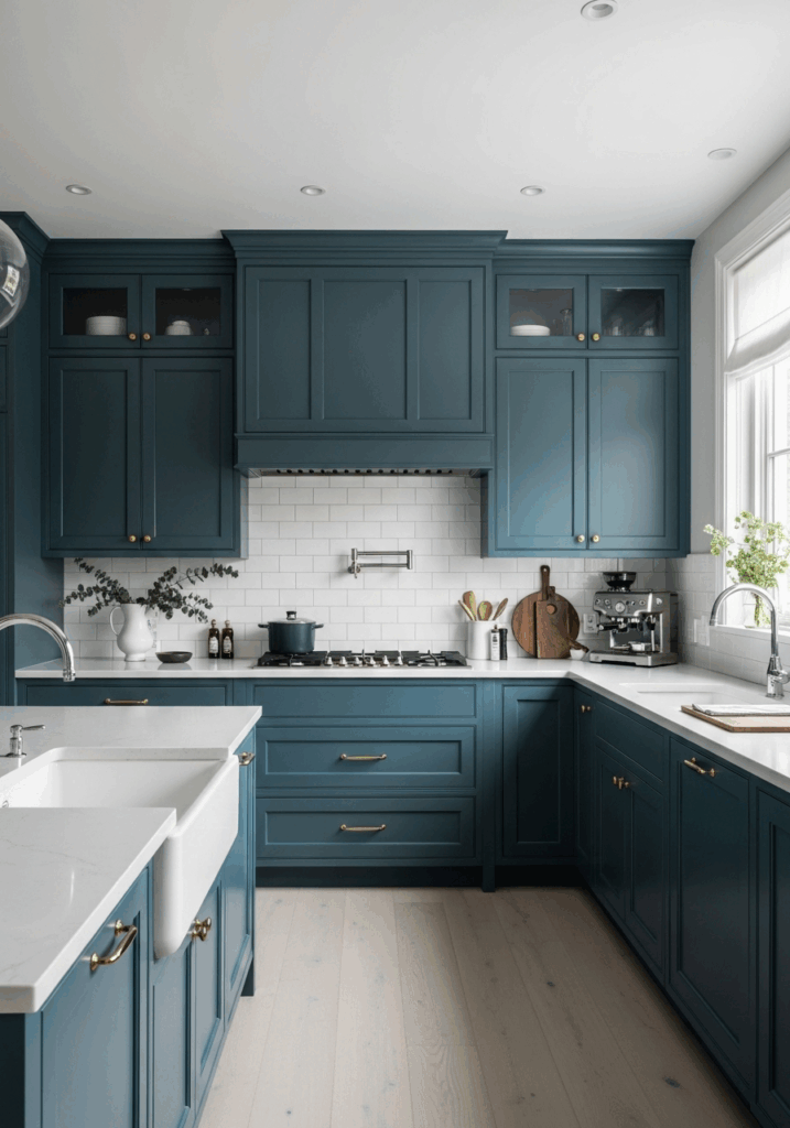 All Blue Kitchen Cabinets with White Countertops