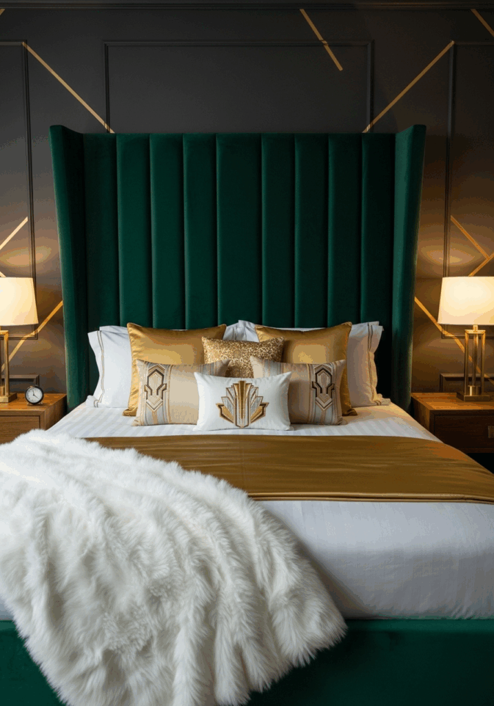 Art Deco Bedroom with Green Velvet Statement Headboard