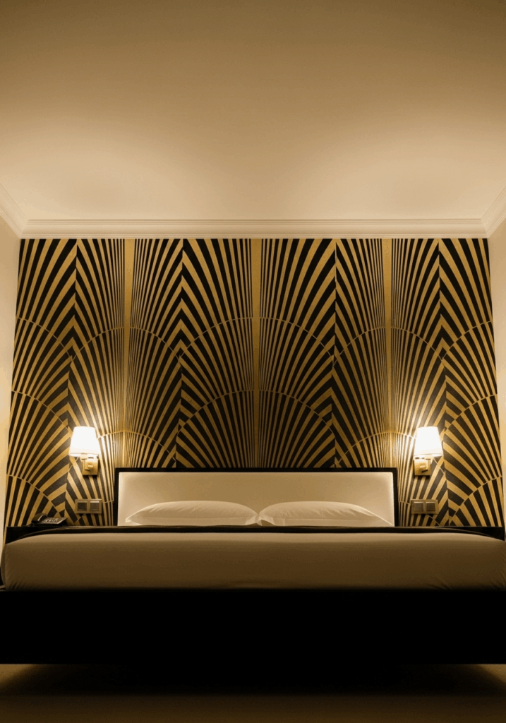 Art Deco Inspired Bedroom with Geometric Wallpaper