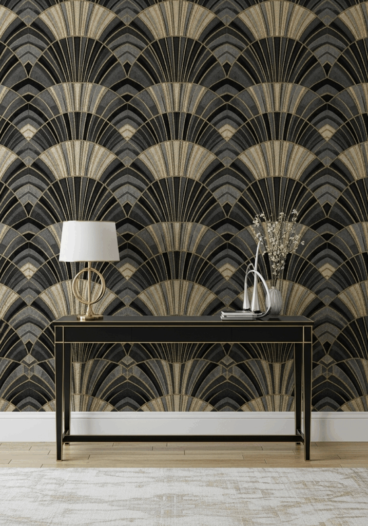 Art Deco Living Room with Bold Grey and Gold Geometric Wallpaper