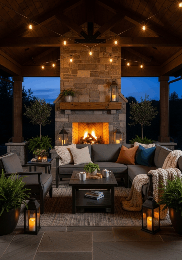 Backyard Covered Patio with a Cozy Stone Fireplace