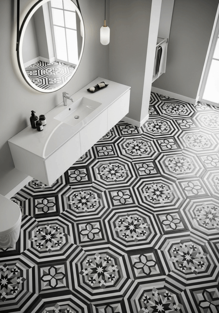 Bathroom with Graphic Black White and Grey Floor Tile