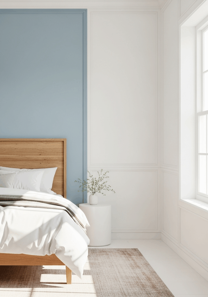Bedroom with Light Blue Accent Wall and White Walls
