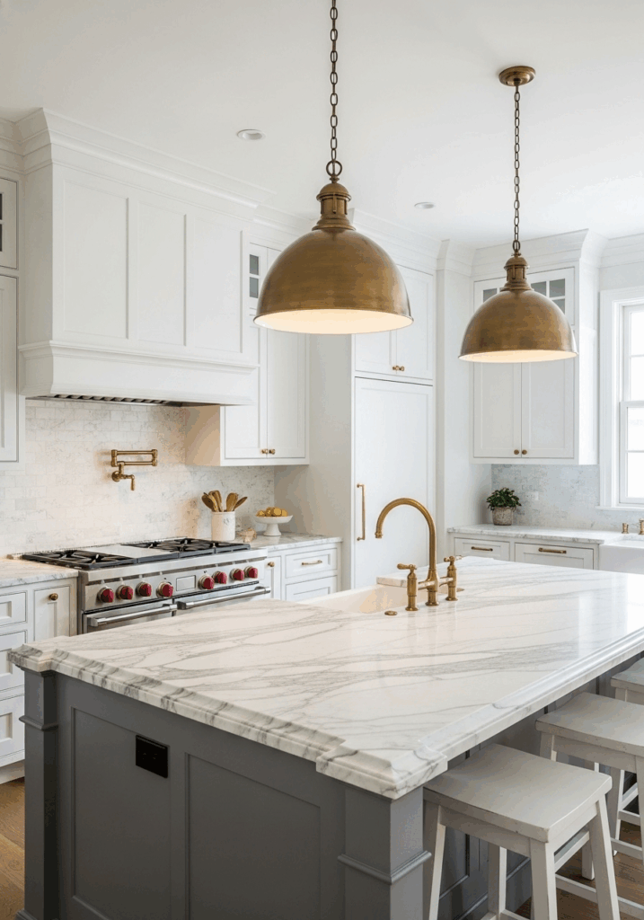 Classic Kitchen Design with White Cabinets and Marble Island