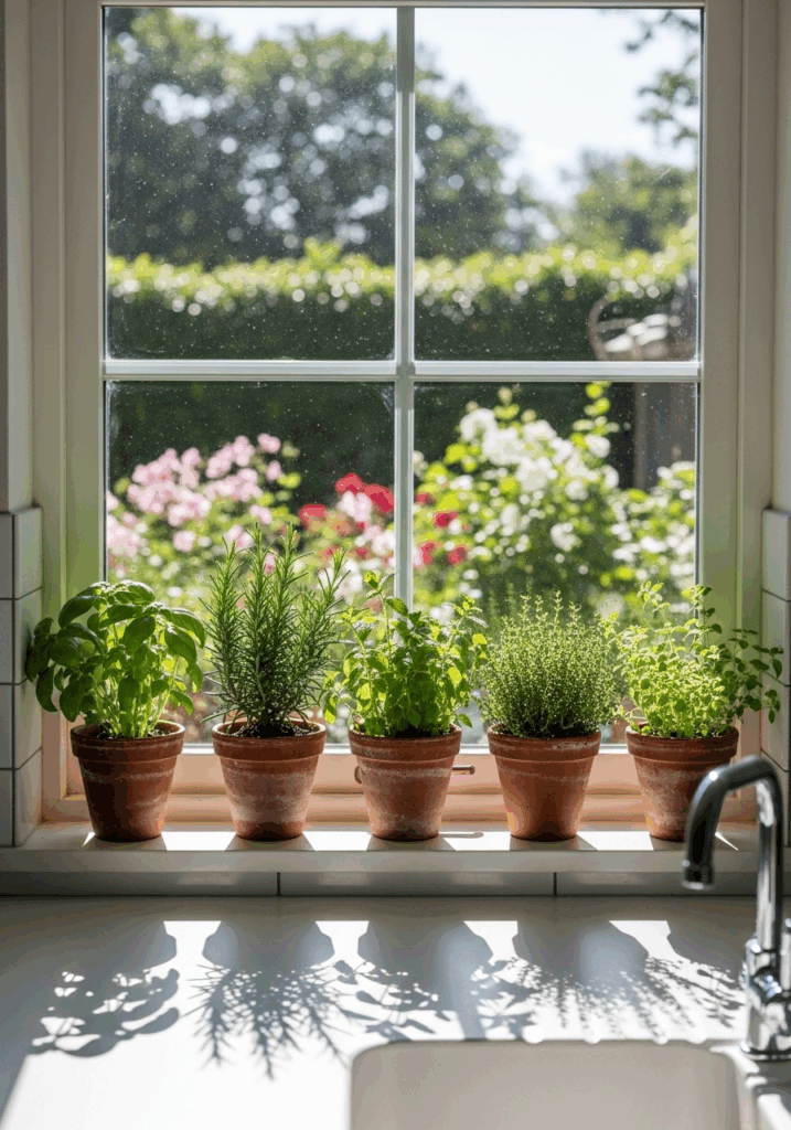 Classic Windowsill Kitchen Herb Garden in Terracotta Pots