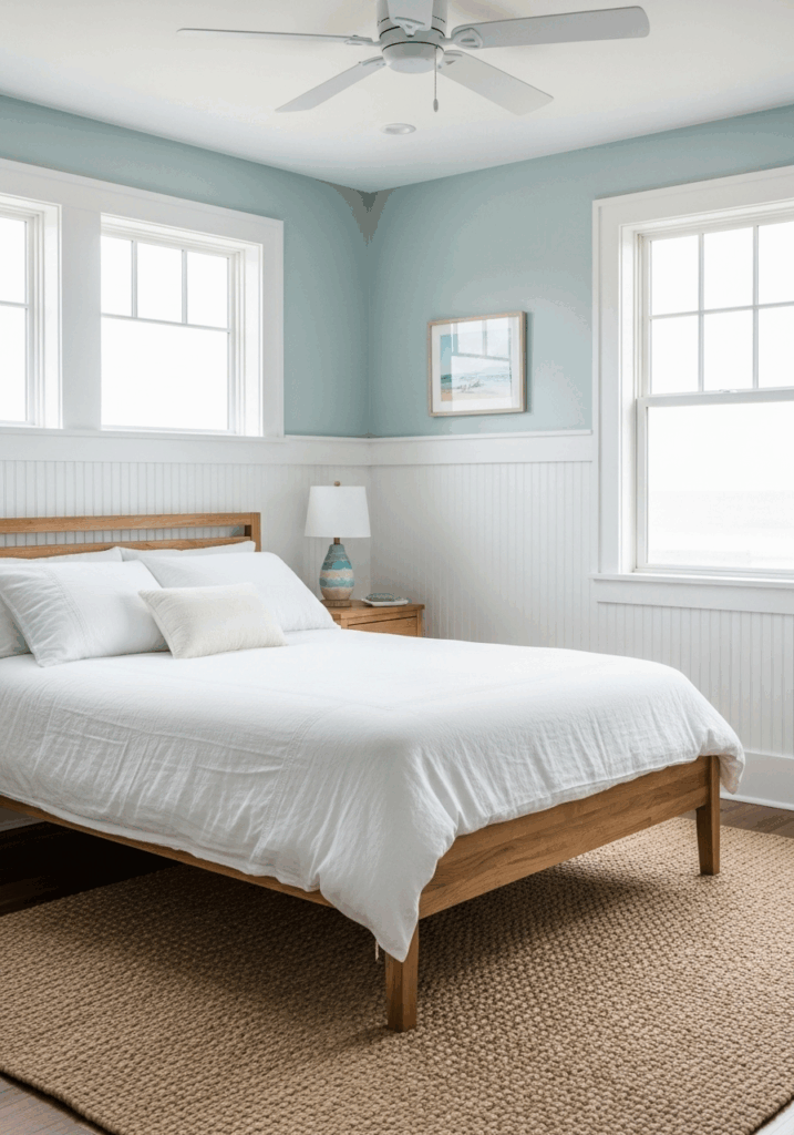 Coastal Bedroom with White Beadboard and Light Blue Walls