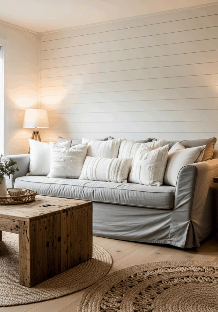 Cozy Farmhouse Gray and White Living Room Idea
