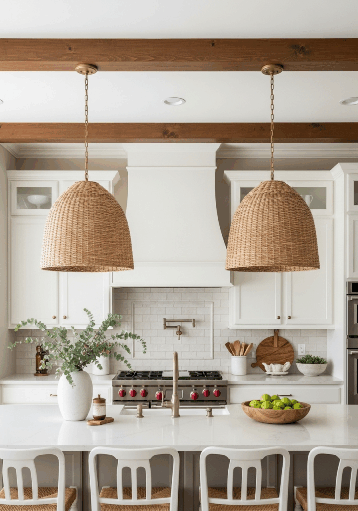 Earthy Kitchen Design with White Cabinets and Rattan Lighting