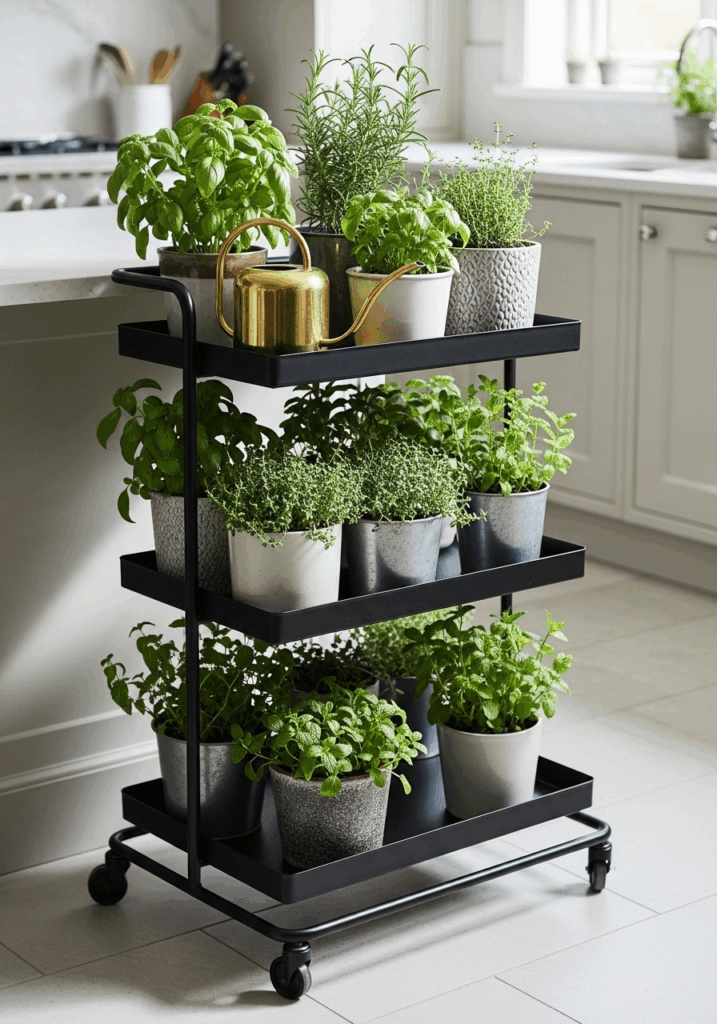 Flexible Rolling Cart for a DIY Kitchen Herb Garden