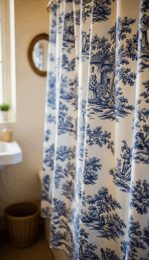 French Country Bathroom Design Elegant, Patterned Textiles Toile and Florals