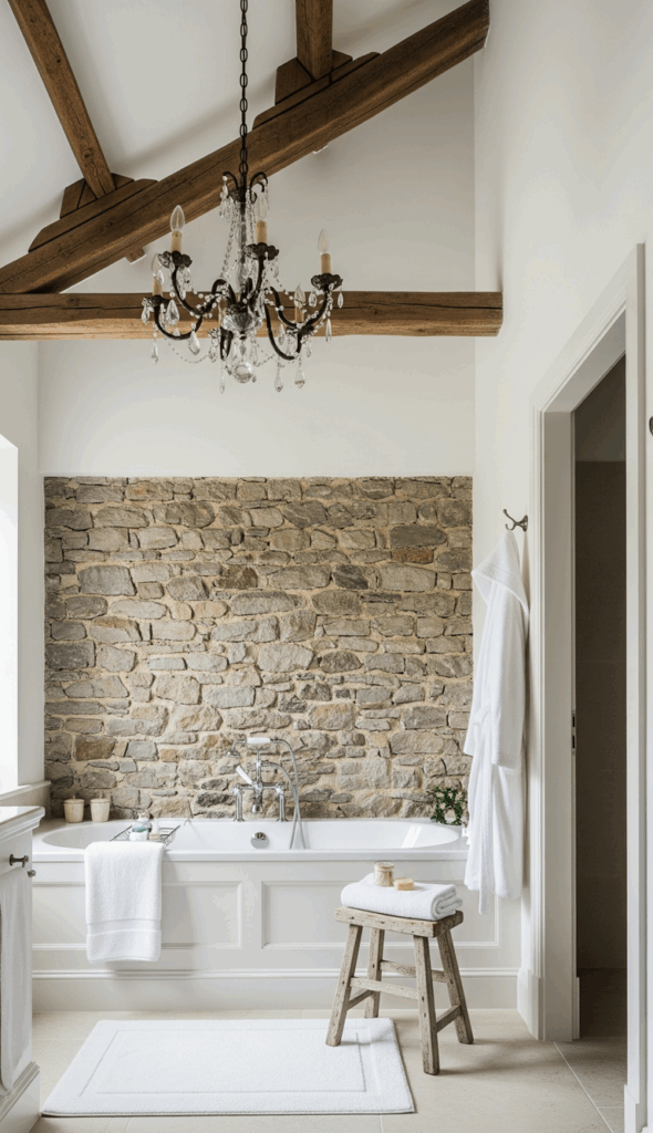 French Country Bathroom Design Natural Stone and Wood Elements