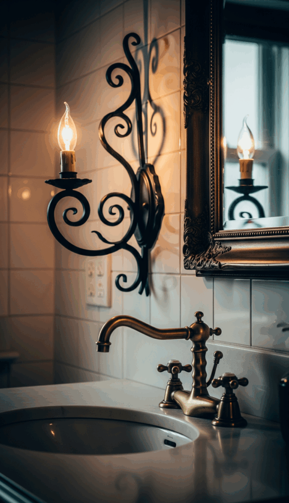 French Country Bathroom Design Wrought Iron and Aged Brass Fixtures
