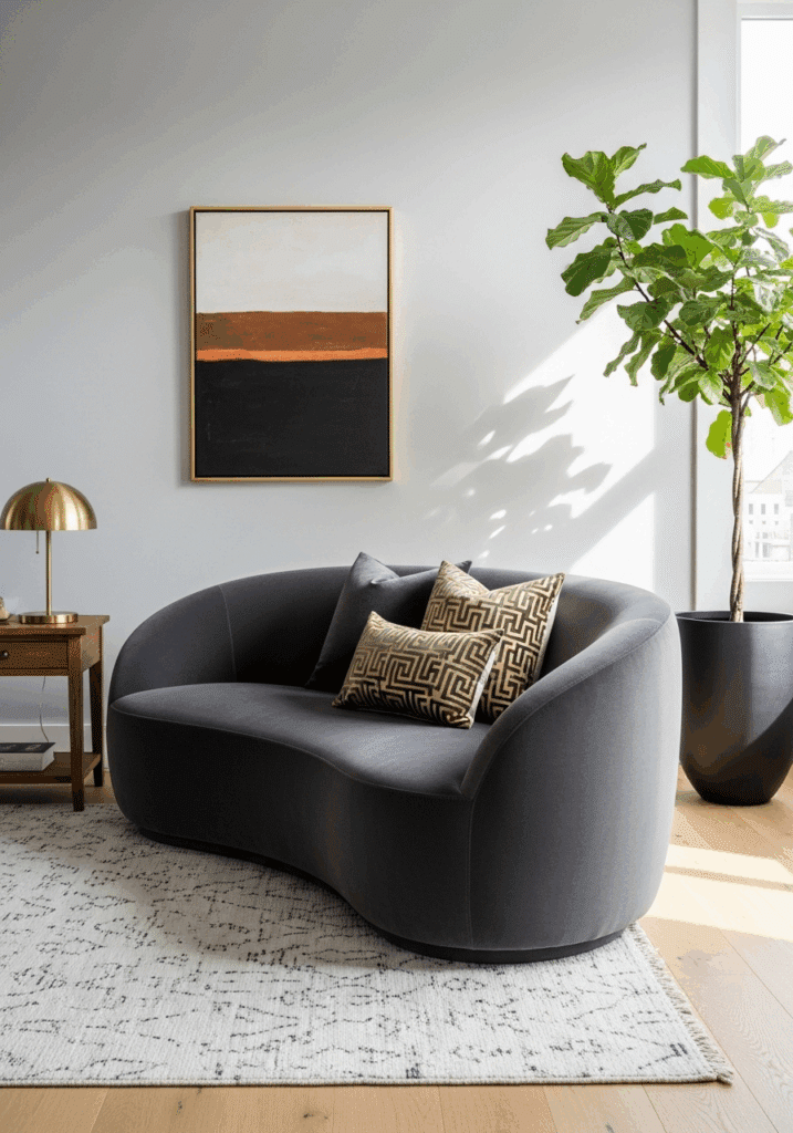 Glamorous Curved Velvet Sofa in an Art Deco Living Room