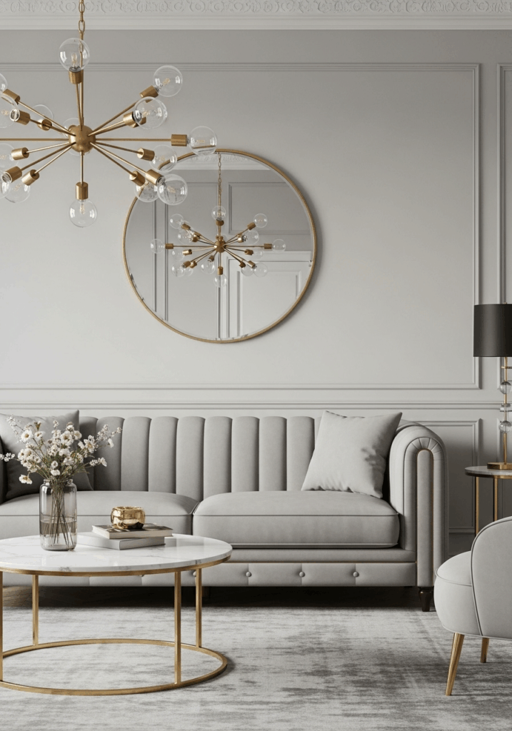 Glamorous Gray and White Living Room with Gold Accents