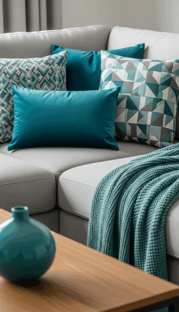 Grey and Teal Living Room Pops of Teal Through Decor