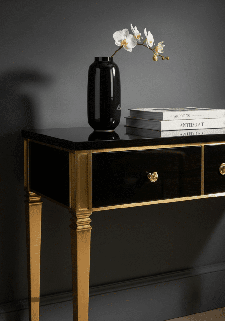 High Contrast Lacquered Wood and Brass in an Art Deco Room