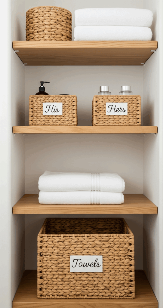 How to Organise a Small Bathroom Divide and Conquer with Bins and Baskets