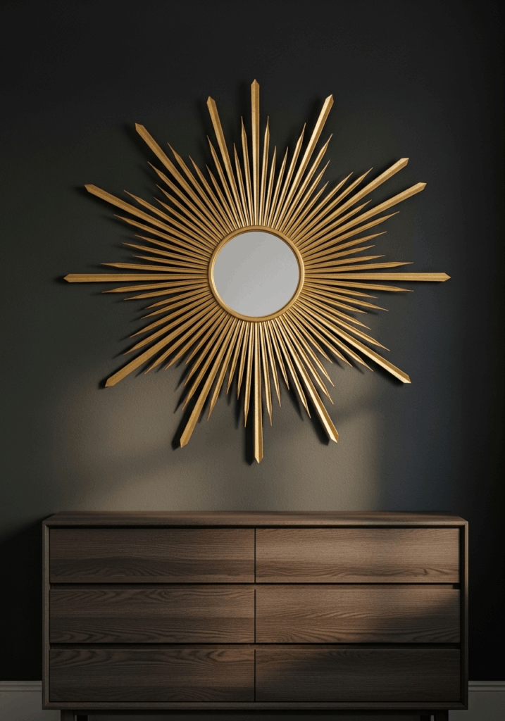 Iconic Gold Sunburst Mirror in an Art Deco Bedroom