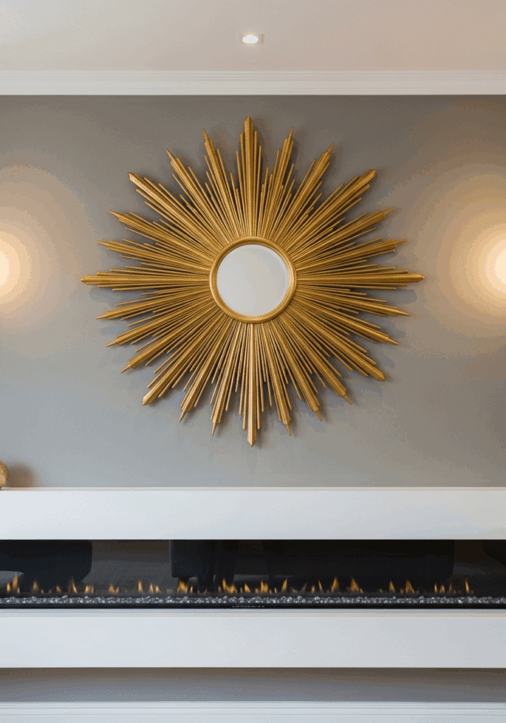 Iconic Gold Sunburst Mirror in an Art Deco Grey Living Room