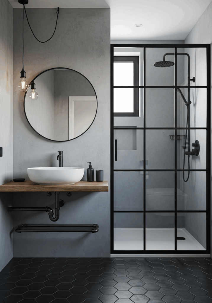 Industrial Black White and Grey Bathroom with Concrete Walls