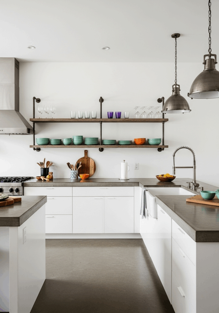 Industrial Style Kitchen with White Cabinets and Concrete Countertops