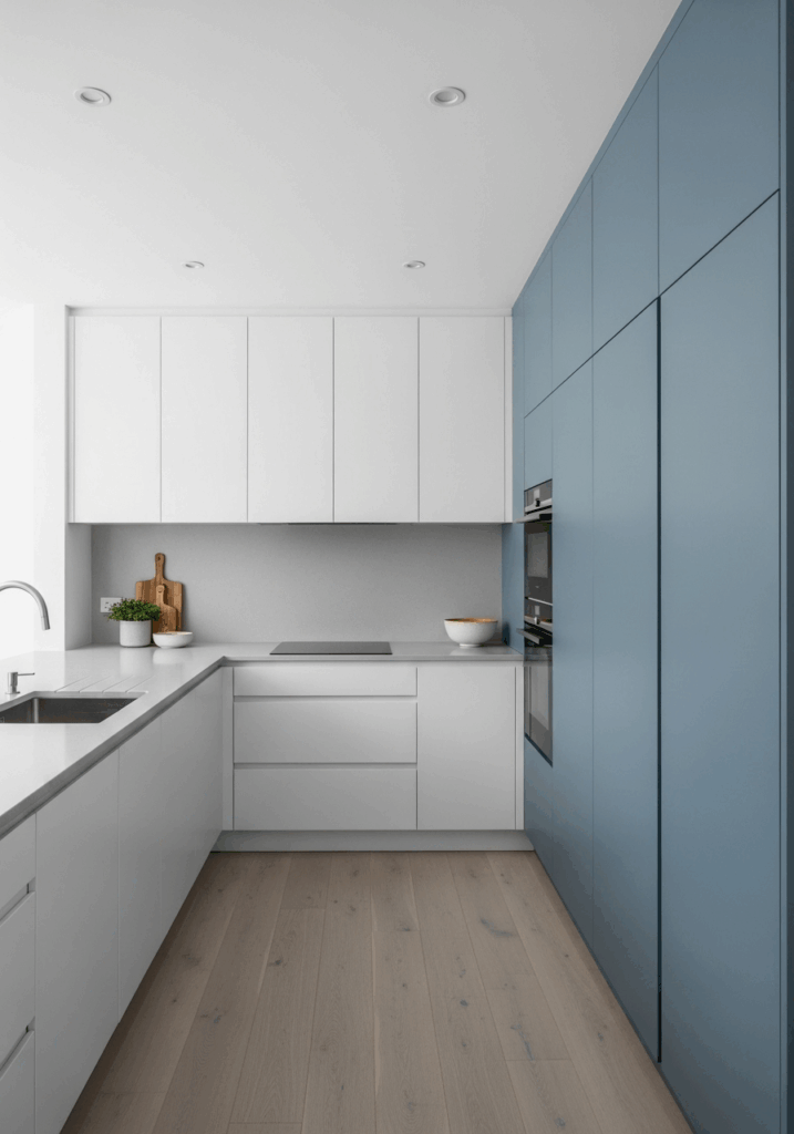 Kitchen Design with White Cabinets and Blue Pantry Wall
