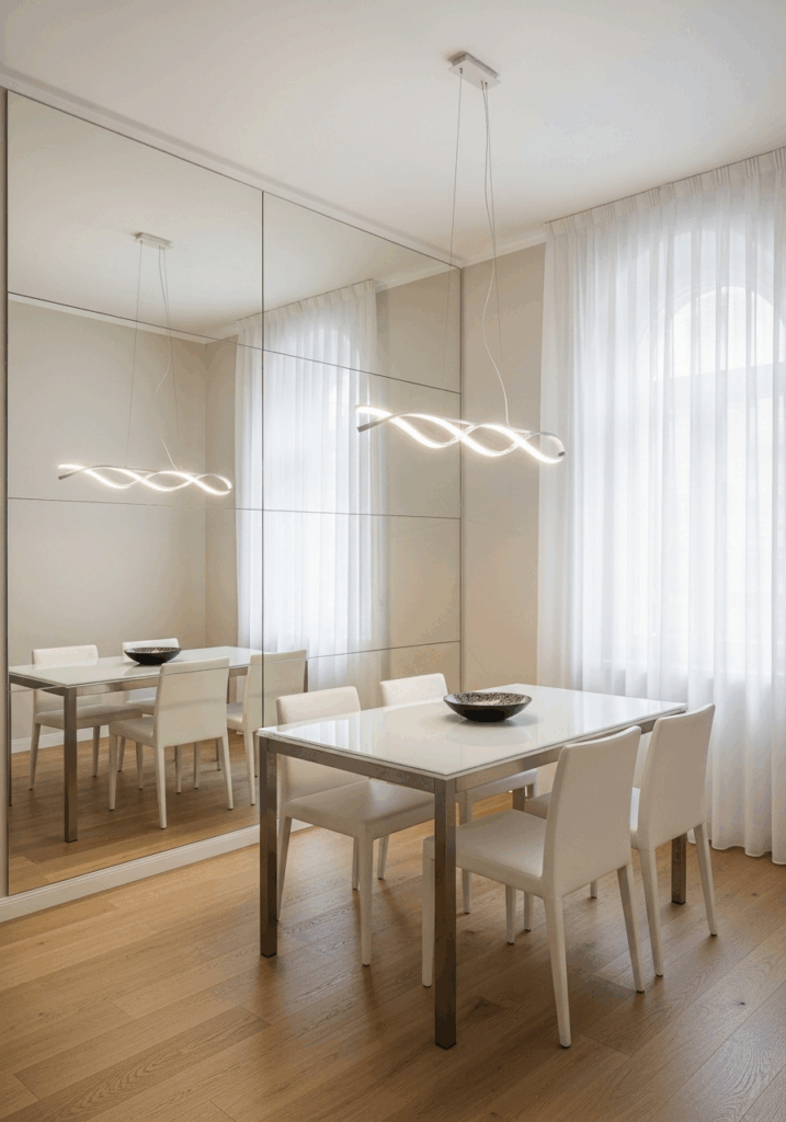 Large Mirror in Small Dining Room to Create Space