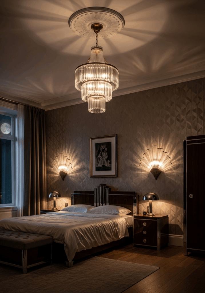 Layered Lighting Scheme in a Glamorous Art Deco Bedroom
