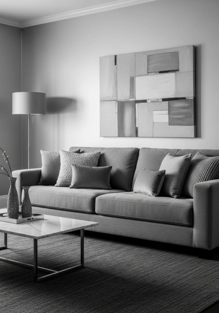 Layered Monochromatic Gray and White Living Room
