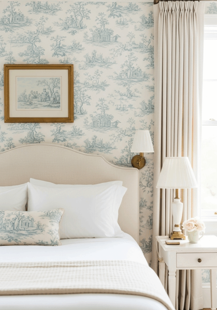 Light Blue and White Toile Wallpaper Accent Wall in Bedroom