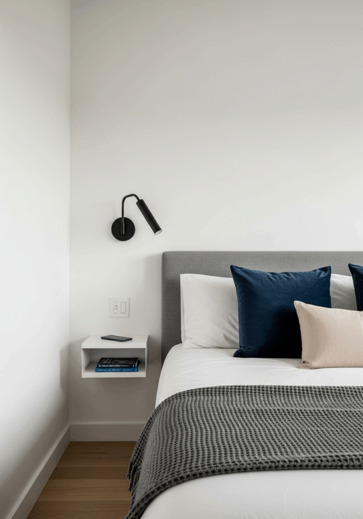 Minimalist Layout with Floating Shelves Instead of Nightstands