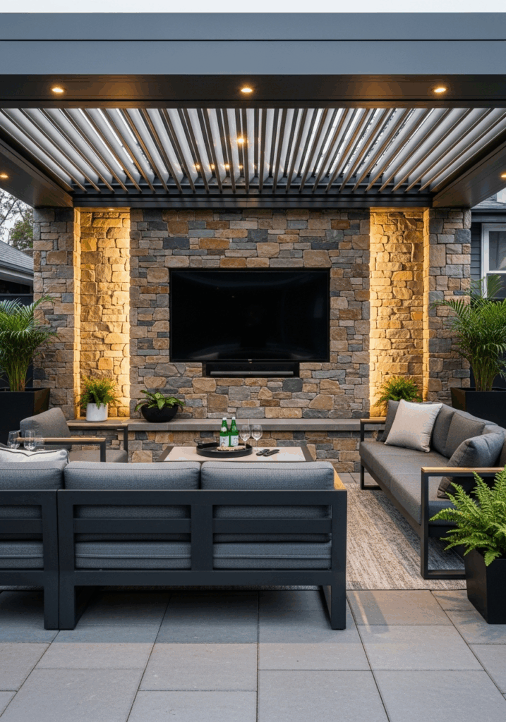 Modern Covered Patio Entertainment Zone with Outdoor TV
