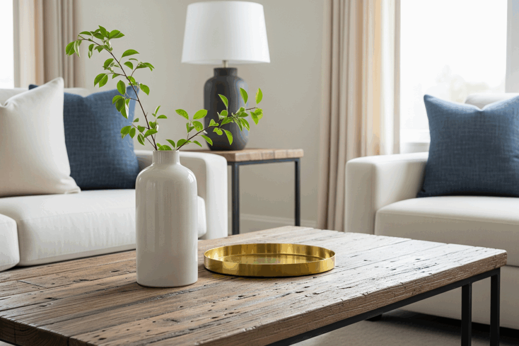 Modern French Country Living Room A Mix of Weathered and Polished Finishes