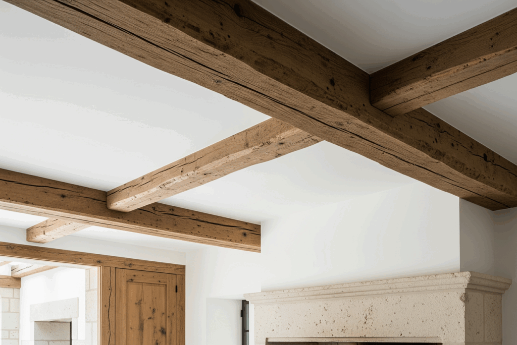 Modern French Country Living Room Rustic Beams and Natural Stone Accents