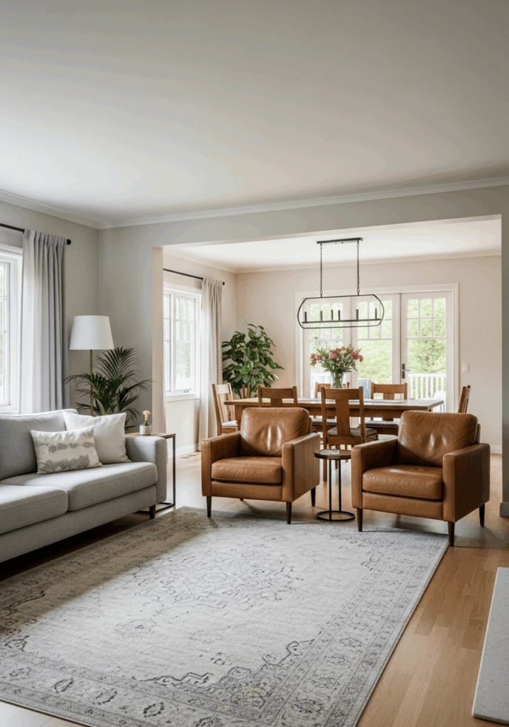Open Living Room Ideas Anchor the Space with a Large Area Rug