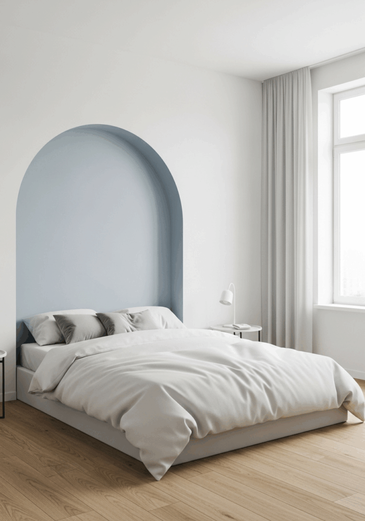 Painted Light Blue Arch as Headboard on White Bedroom Wall