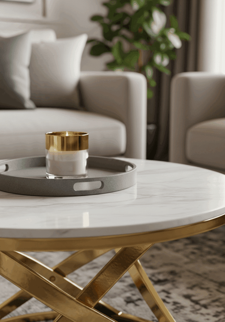 Polished Gold and Marble Accents in an Art Deco Living Room