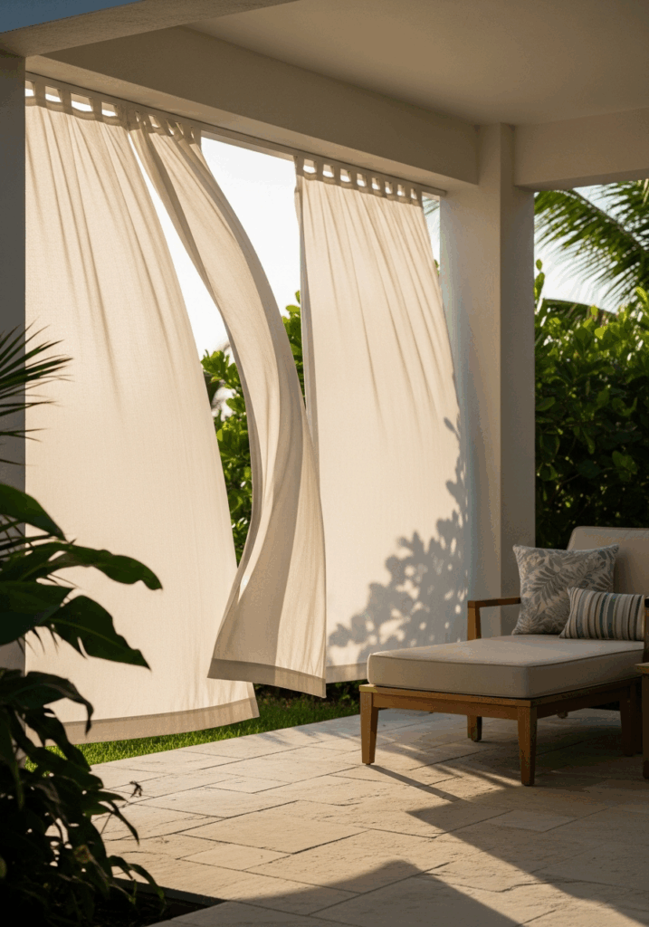 Private Backyard Covered Patio with Outdoor Curtains