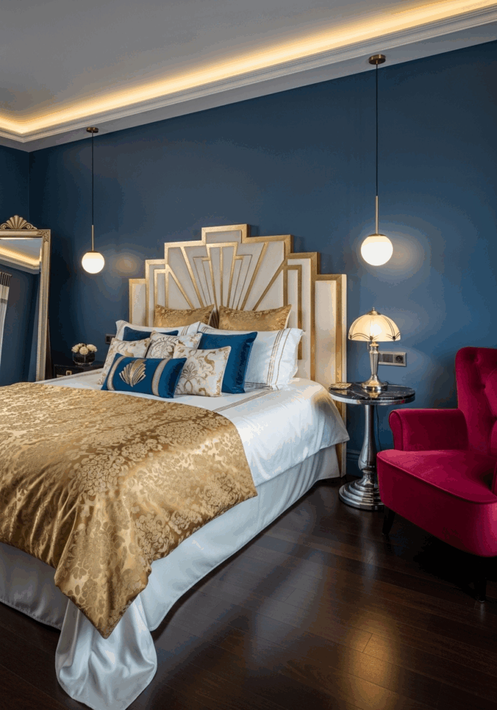 Rich Jewel Tone Color Palette in an Art Deco Bedroom