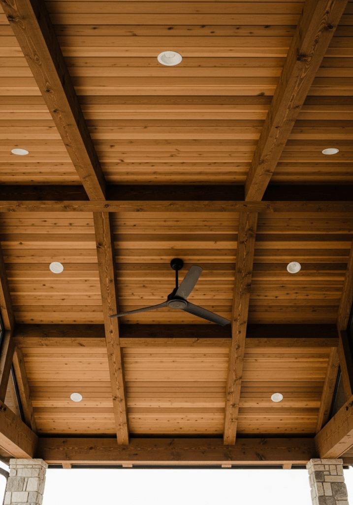 Rustic Wood Ceiling on a Backyard Covered Patio