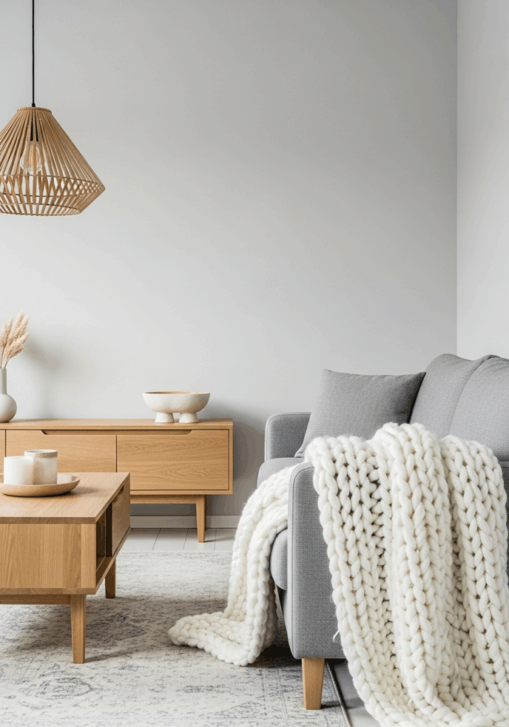 Scandinavian Style Gray and White Living Room with Wood Accents