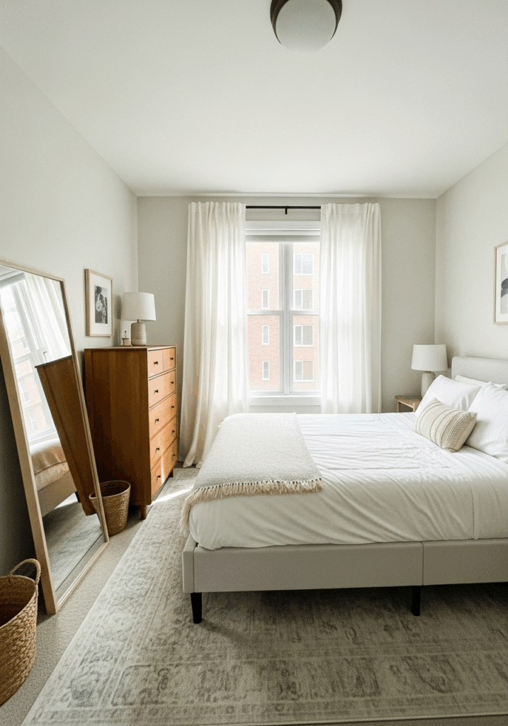 Small Bedroom Layout with Queen Bed Against the Window