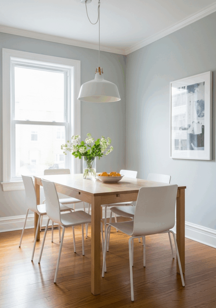 Small Dining Room with Light and Cohesive Color Palette